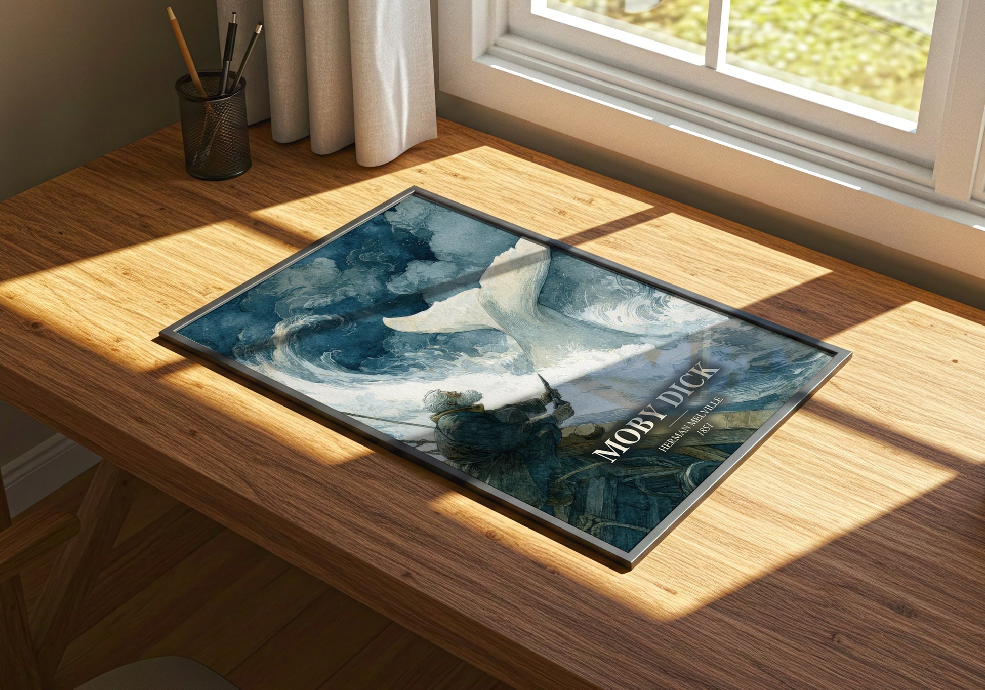 Moby Dick watercolour book poster framed on wall – classic literature wall art