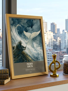 Moby Dick Book Cover Poster by Herman Melville – framed print on a city-view windowsill