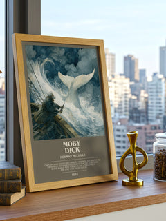 Moby Dick Bookish Wall Art by Herman Melville – framed print on a city-view windowsill