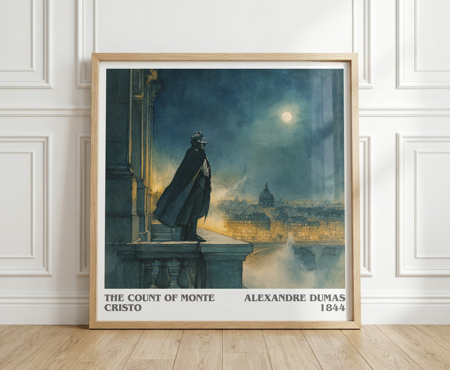 The Count of Monte Cristo literary print in frame leaning in hallway – classic literature wall art