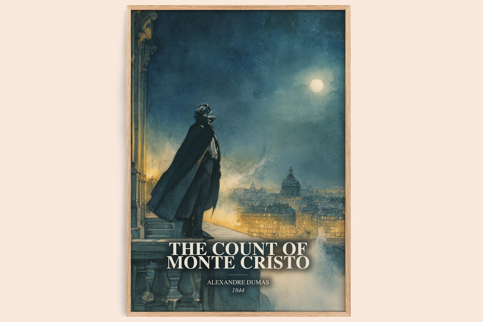 The Count Of Monte Cristo watercolour book poster by Alexandre Dumas – framed literary art print