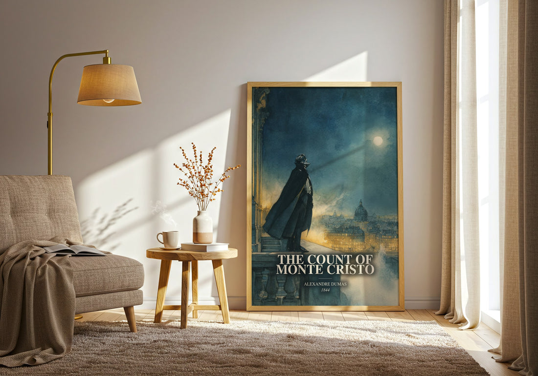The Count Of Monte Cristo watercolour print in frame leaning in hallway – classic literature wall art (mockup)