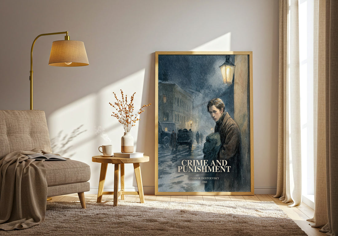 Crime And Punishment watercolour print in frame leaning in hallway – classic literature wall art (mockup)