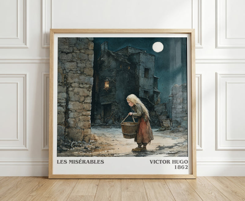 Les Misérables literary print in frame leaning in hallway – classic literature wall art