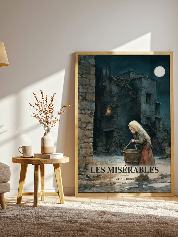 Les Misérables watercolour print in frame leaning in hallway – classic literature wall art