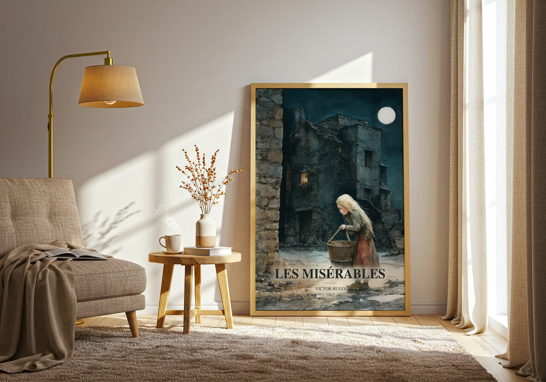 Les Misérables watercolour print in frame leaning in hallway – classic literature wall art (mockup)