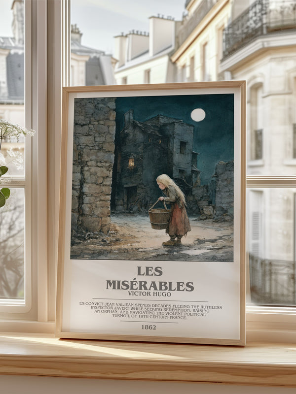 Les Misérables Bookish Wall Art by Victor Hugo – framed print by a bright window
