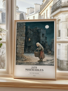 Les Misérables Book Cover Poster by Victor Hugo – framed print by a bright window
