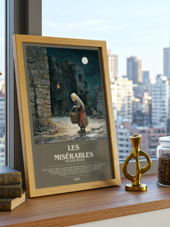 Les Misérables Bookish Wall Art by Victor Hugo – framed print on a city-view windowsill