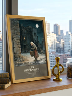 Les Misérables Book Cover Poster by Victor Hugo – framed print on a city-view windowsill