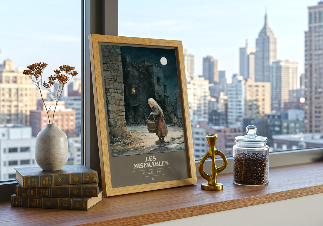 Les Misérables Book Cover Poster by Victor Hugo – framed print on a city-view windowsill