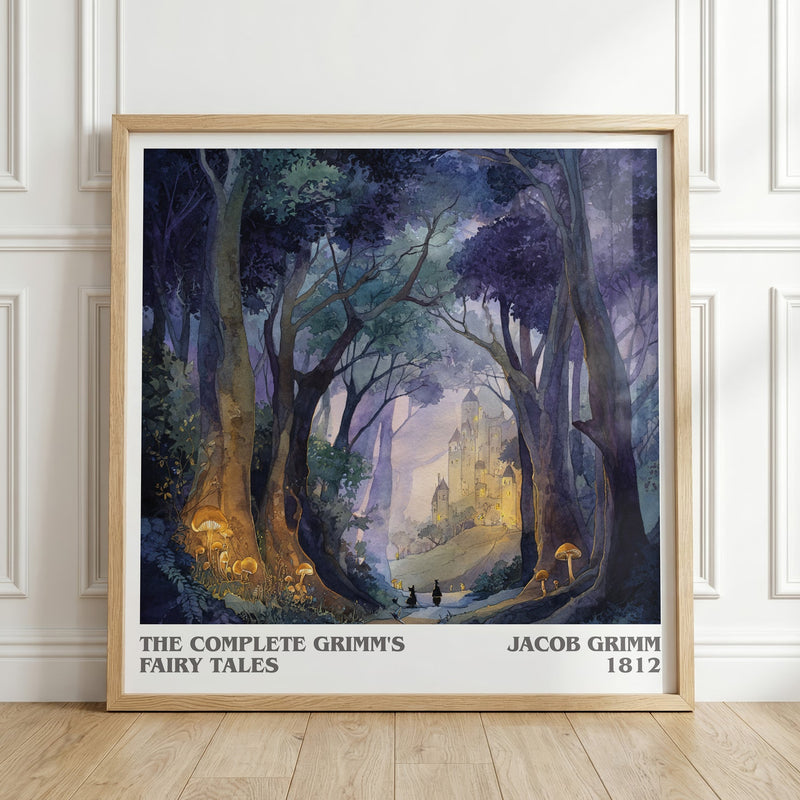 The Complete Grimm's Fairy Tales literary print in frame leaning in hallway – classic literature wall art