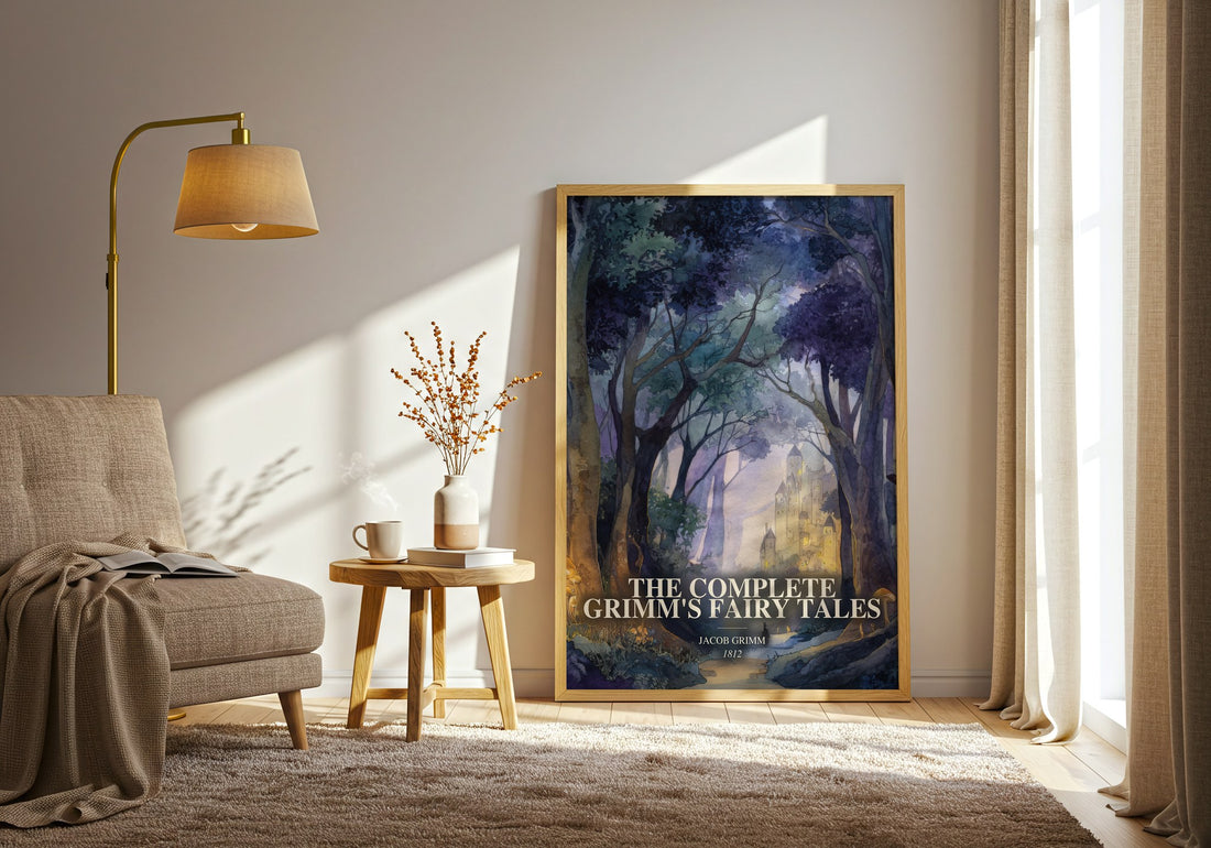 The Complete Grimm'S Fairy Tales watercolour print in frame leaning in hallway – childrens wall art (mockup)