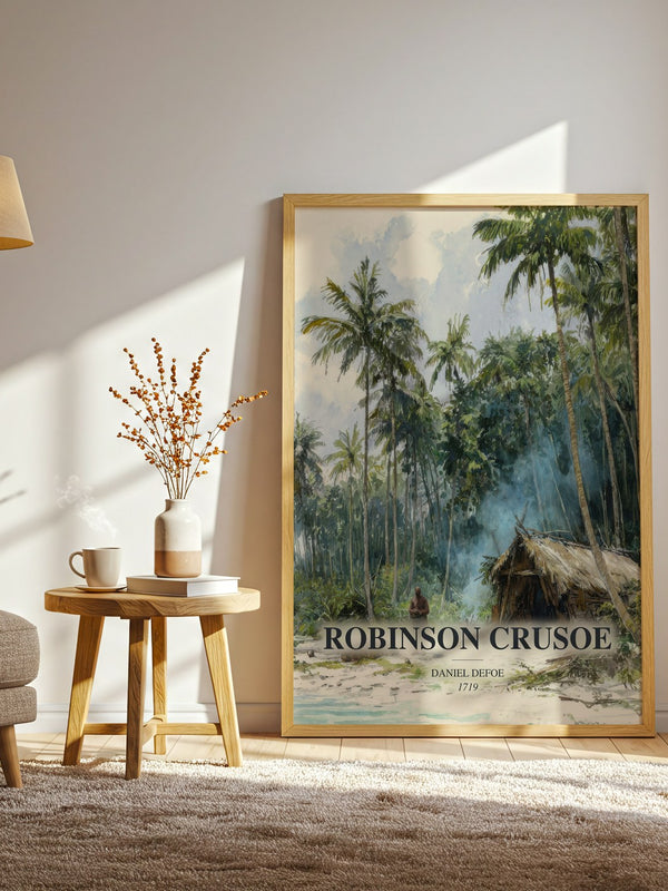 Robinson Crusoe watercolour print in frame leaning in hallway – adventure wall art