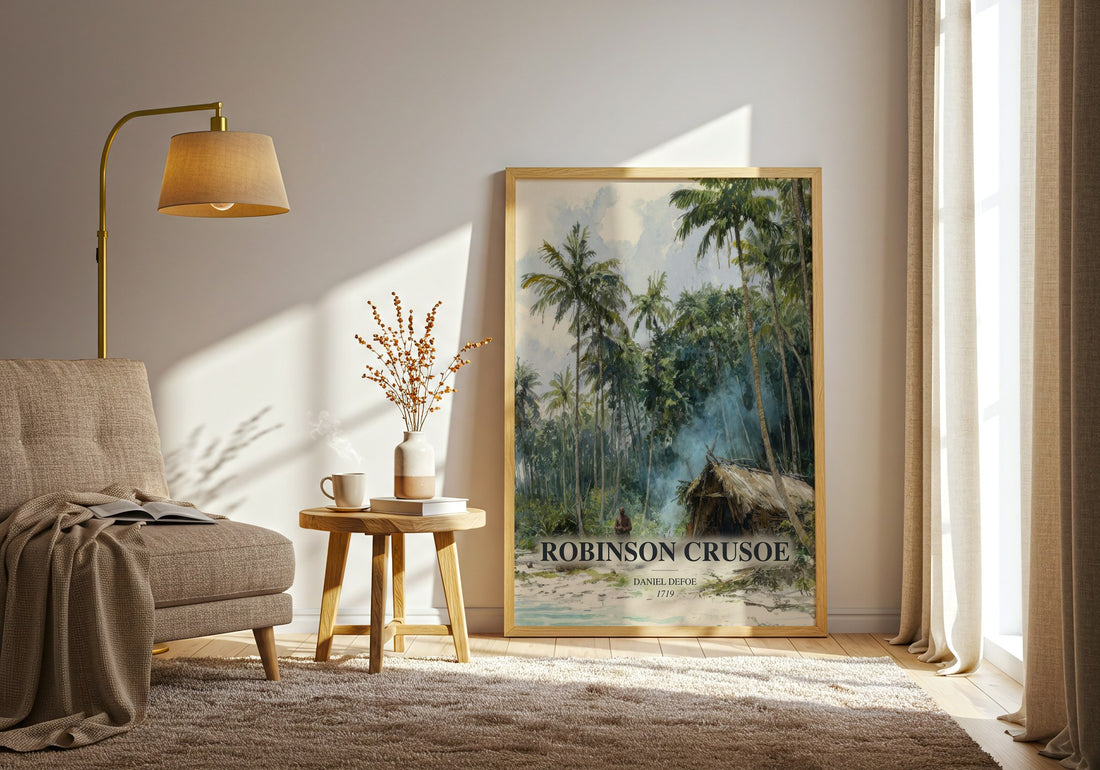 Robinson Crusoe watercolour print in frame leaning in hallway – adventure wall art (mockup)