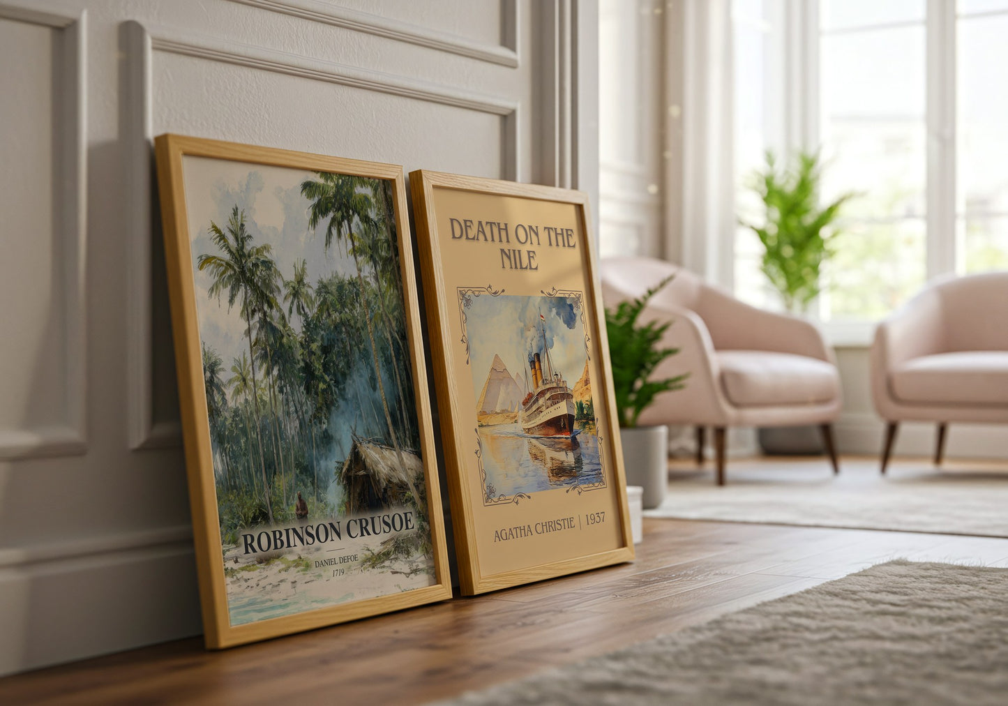 Robinson Crusoe watercolour print framed by window – literary home decor