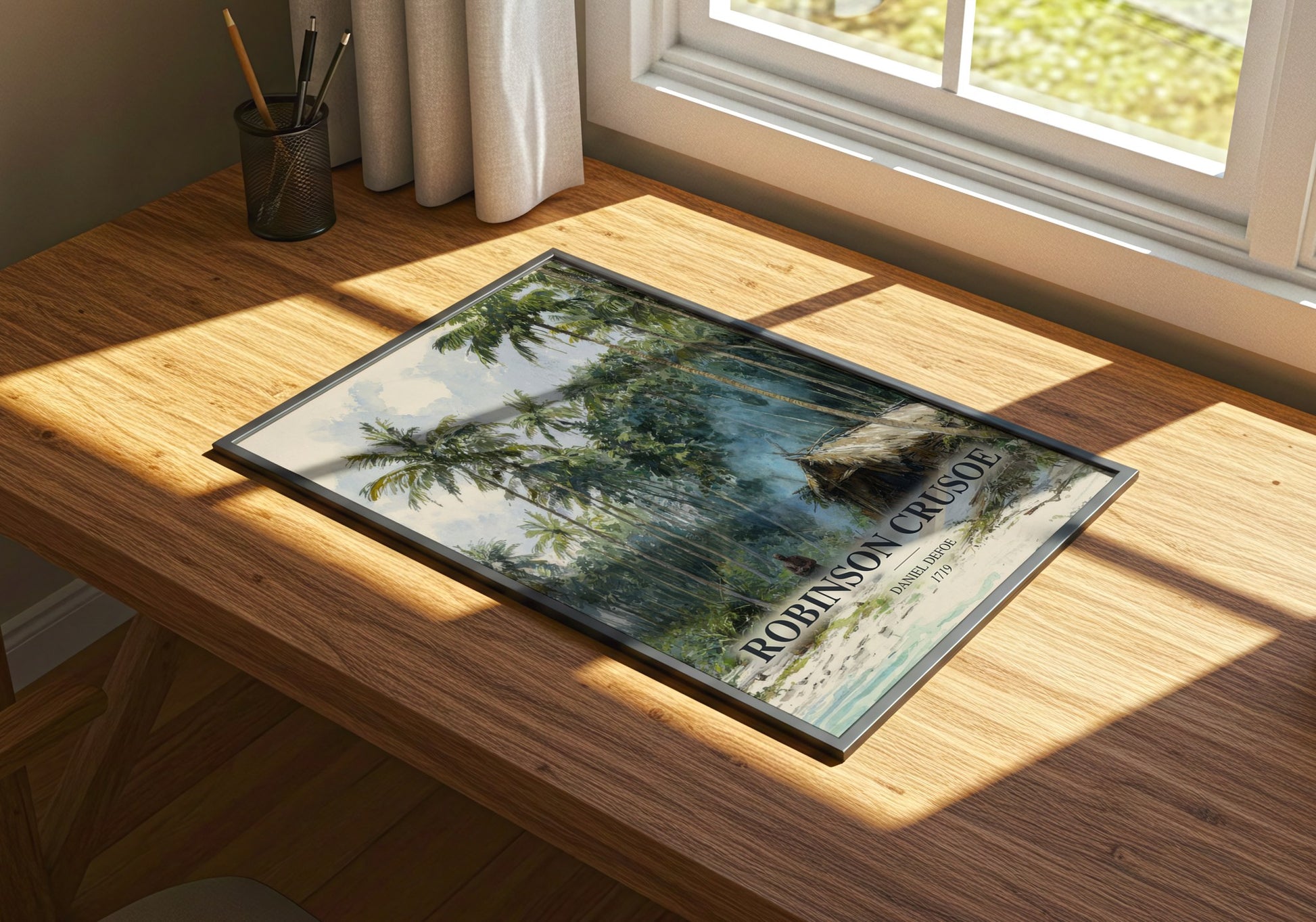 Robinson Crusoe watercolour book poster framed on wall – adventure wall art