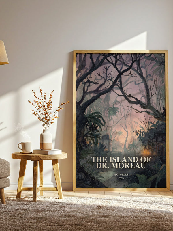 The Island Of Dr. Moreau watercolour print in frame leaning in hallway – sci fi wall art