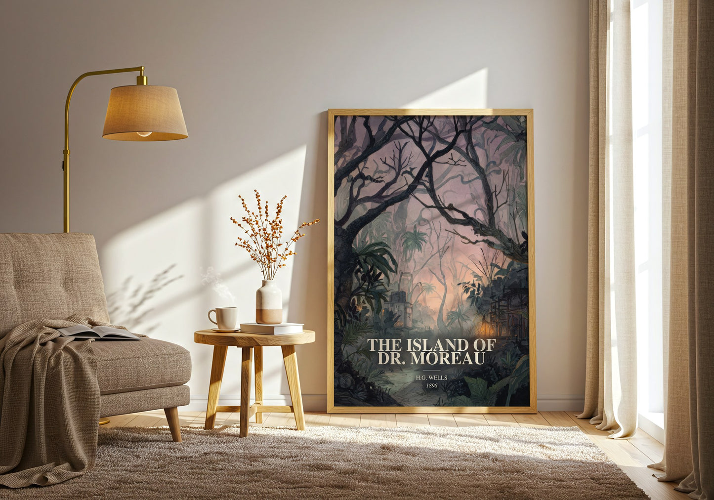 The Island Of Dr. Moreau watercolour print in frame leaning in hallway – sci fi wall art