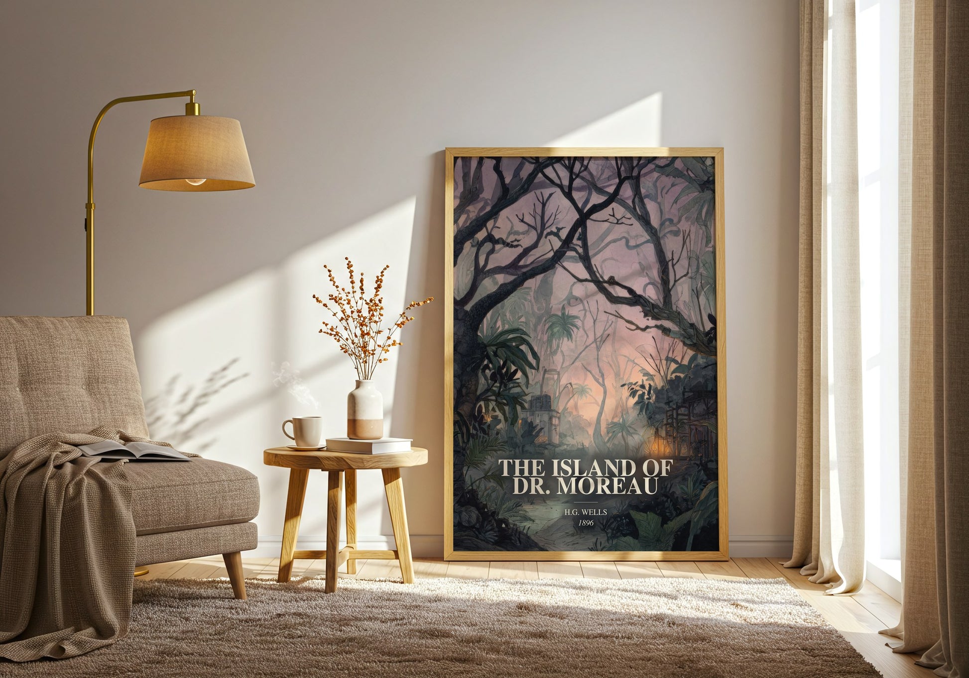 The Island Of Dr. Moreau watercolour print in frame leaning in hallway – sci fi wall art