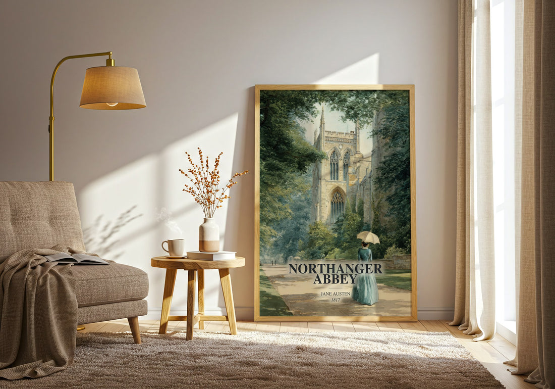 Northanger Abbey watercolour print in frame leaning in hallway – classic literature wall art (mockup)