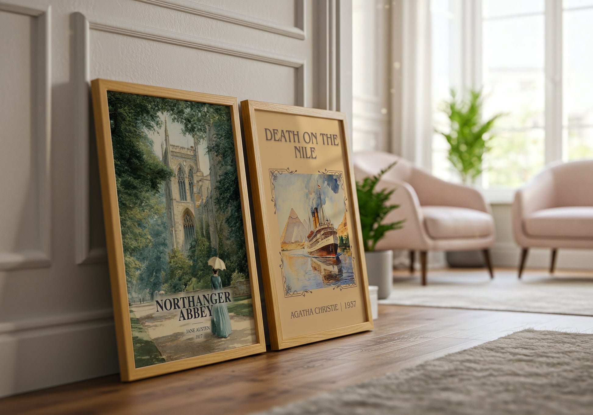 Northanger Abbey watercolour print framed by window – literary home decor