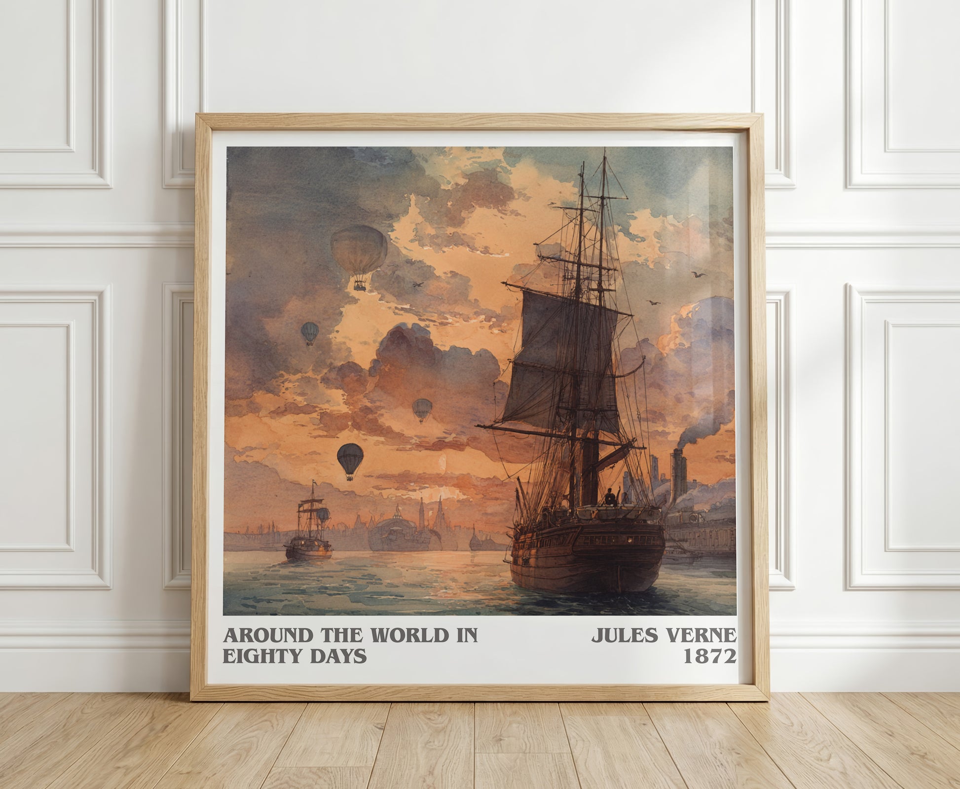 Around the World in Eighty Days literary print in frame leaning in hallway – classic literature wall art