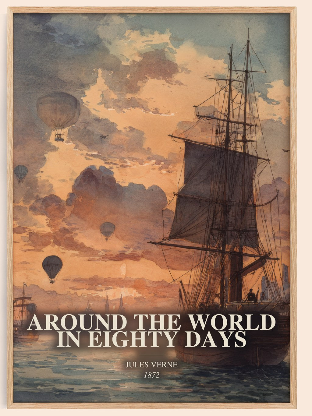 Around The World In Eighty Days watercolour book poster by Jules Verne – framed literary art print