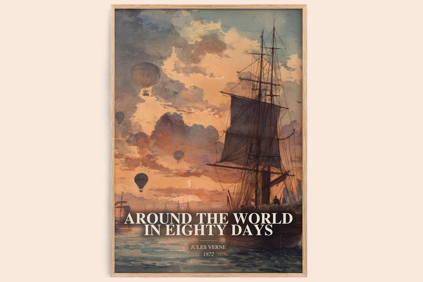 Around The World In Eighty Days watercolour book poster by Jules Verne – framed literary art print
