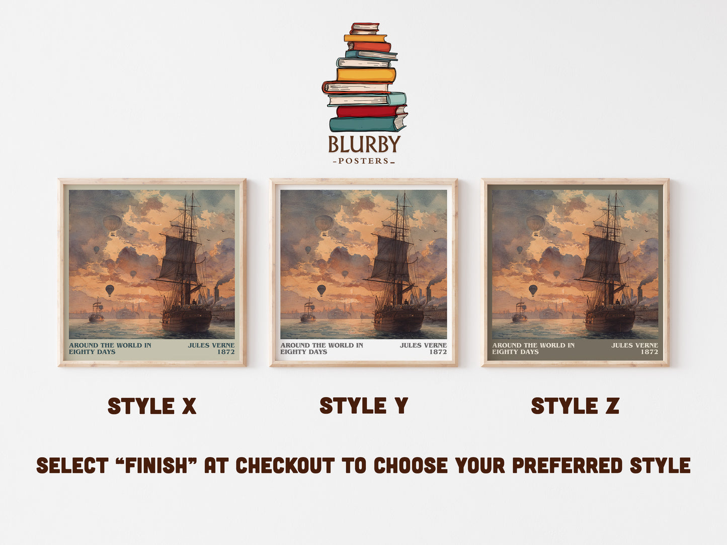 Around the World in Eighty Days literary art print colour and style options – Jules Verne book art