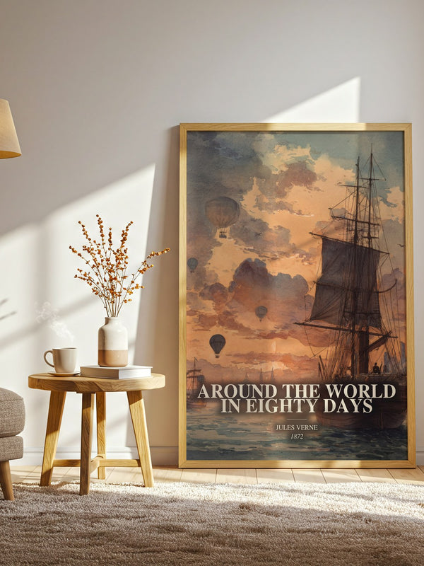 Around The World In Eighty Days watercolour print in frame leaning in hallway – adventure wall art