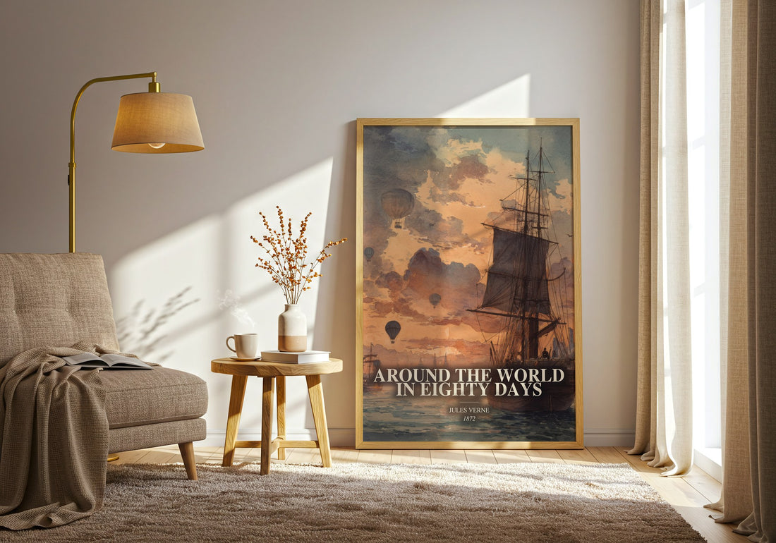 Around The World In Eighty Days watercolour print in frame leaning in hallway – adventure wall art (mockup)