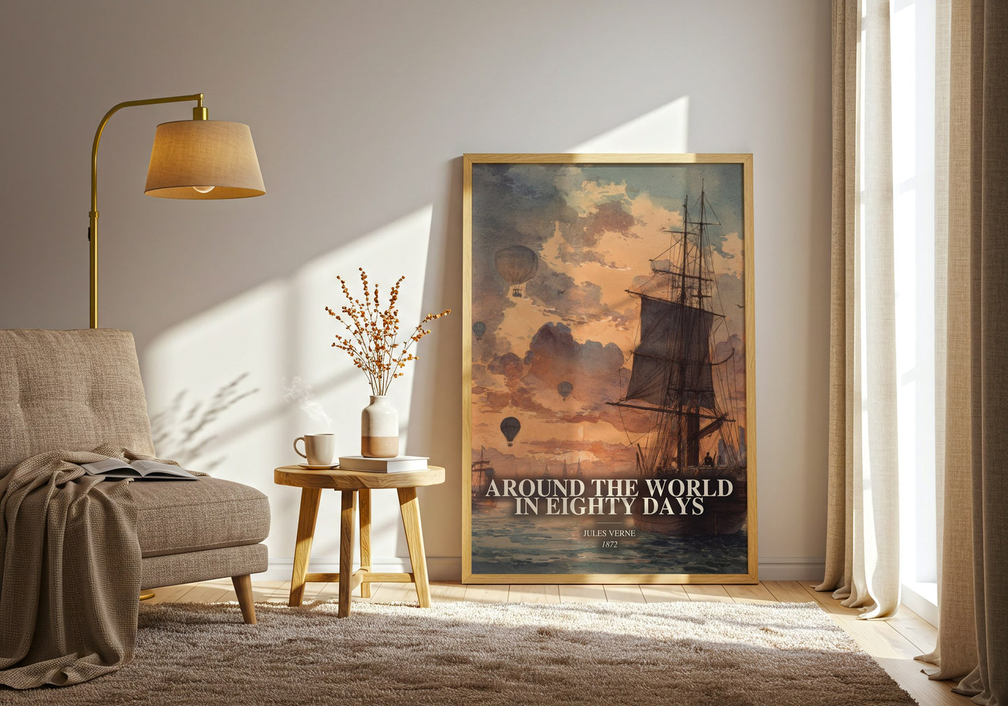 Around The World In Eighty Days watercolour print in frame leaning in hallway – adventure wall art