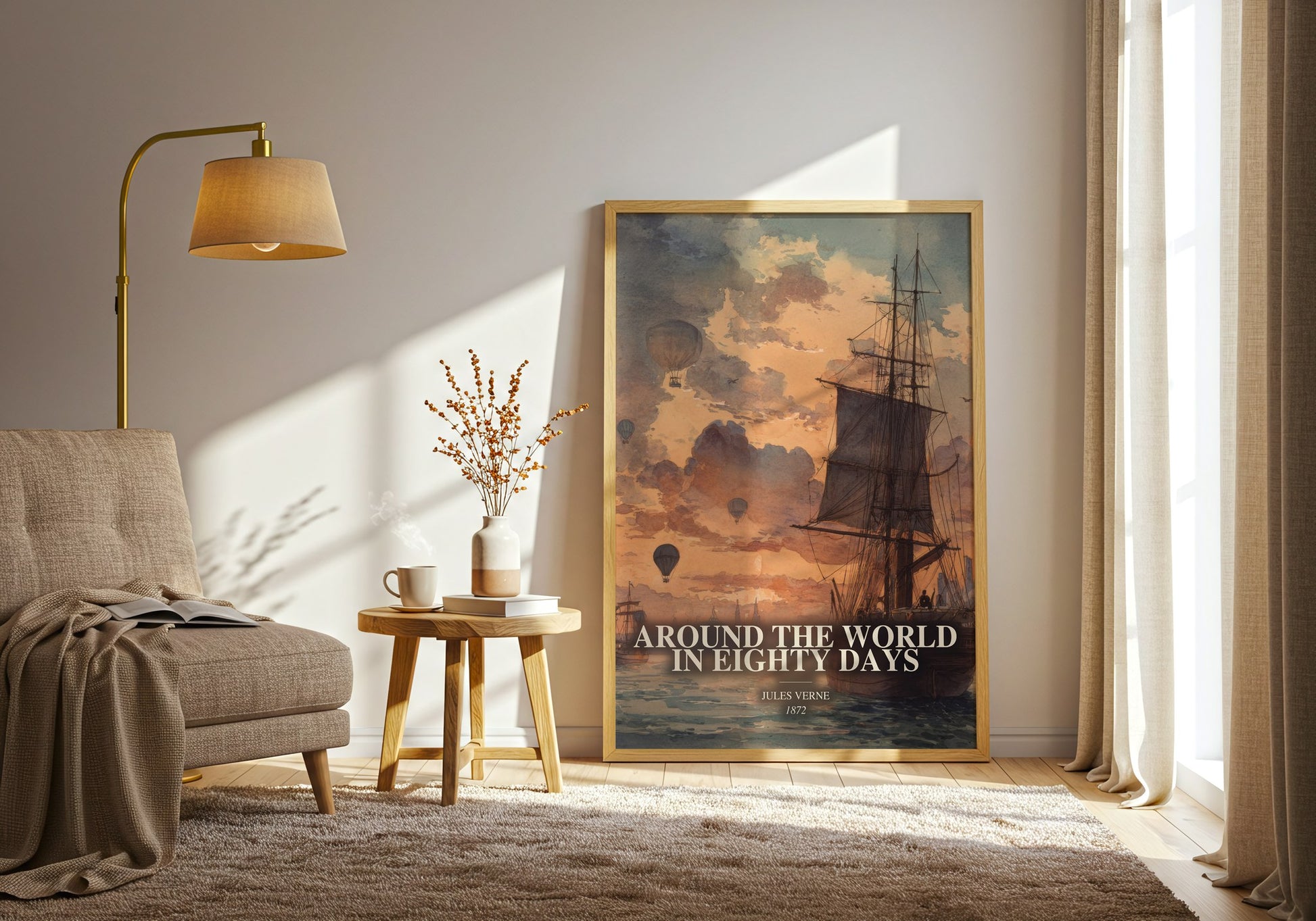 Around The World In Eighty Days watercolour print in frame leaning in hallway – adventure wall art