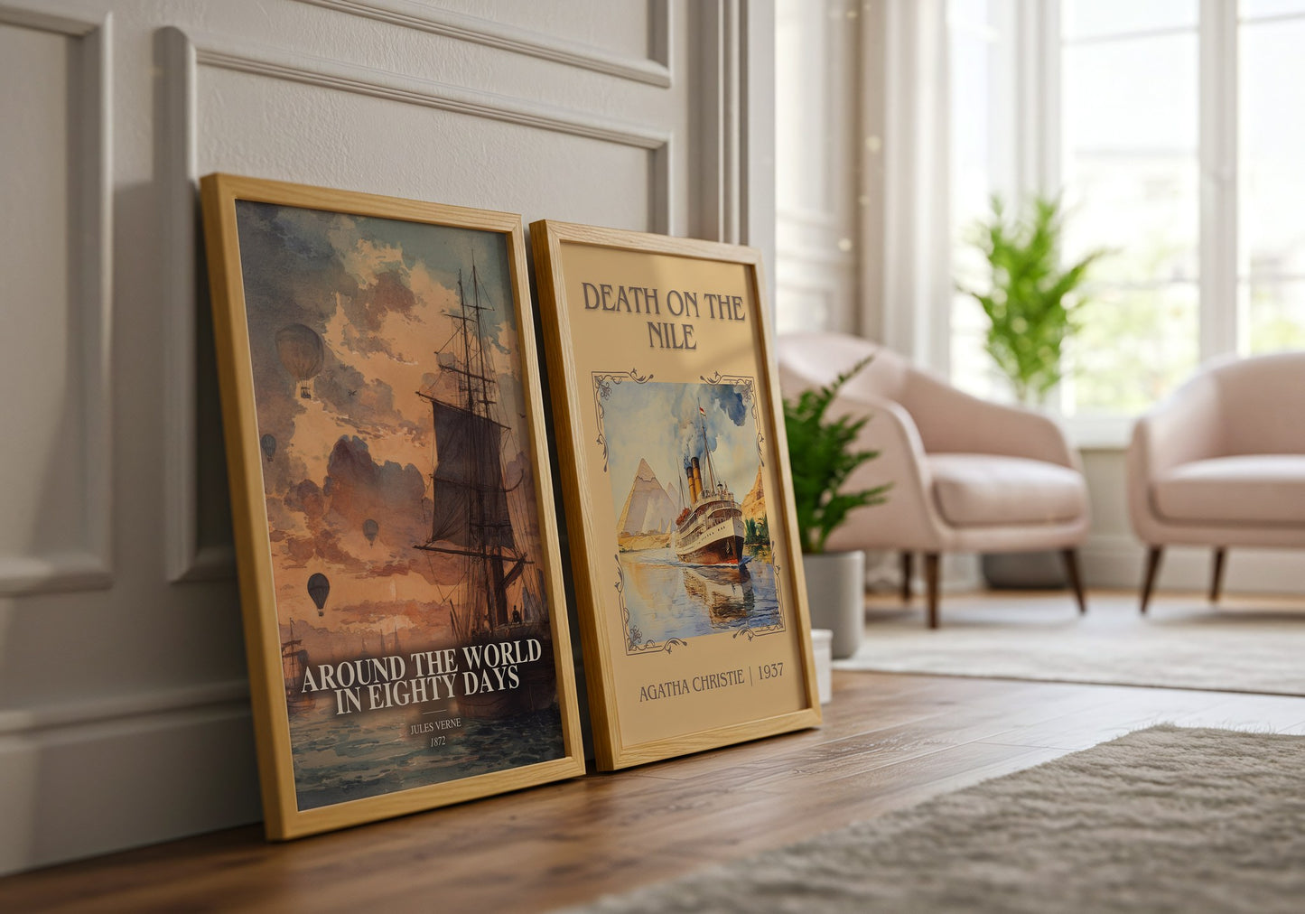 Around The World In Eighty Days watercolour print framed by window – literary home decor