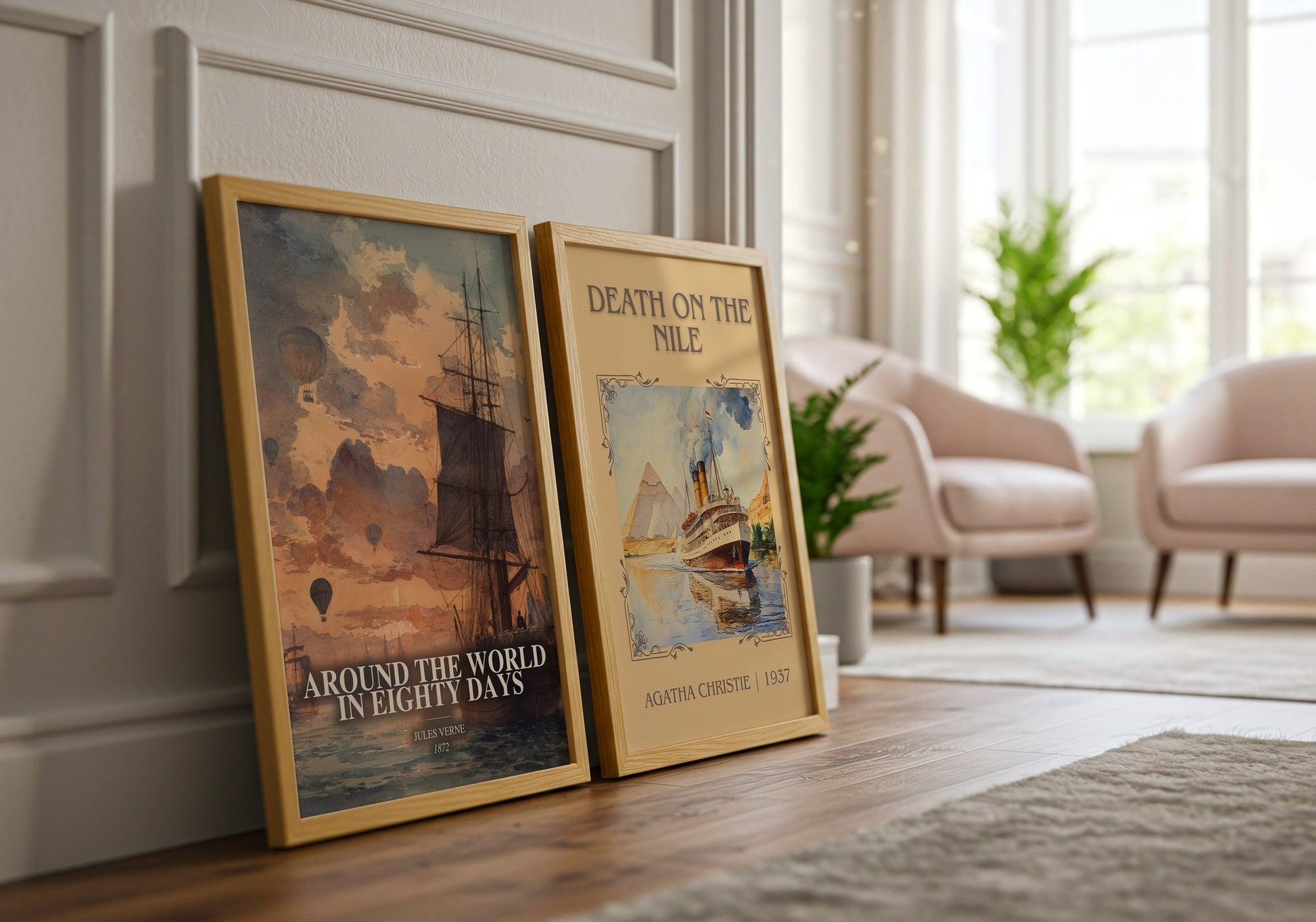 Around The World In Eighty Days watercolour print framed by window – literary home decor
