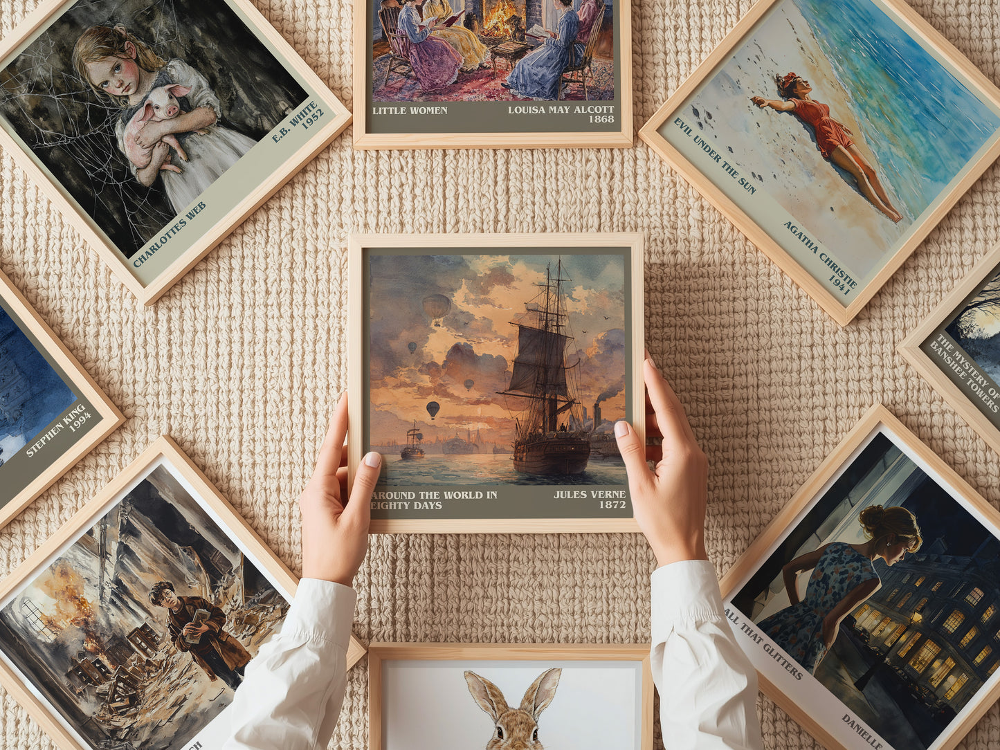 Around the World in Eighty Days literary print on bookshelf – Jules Verne fan gift