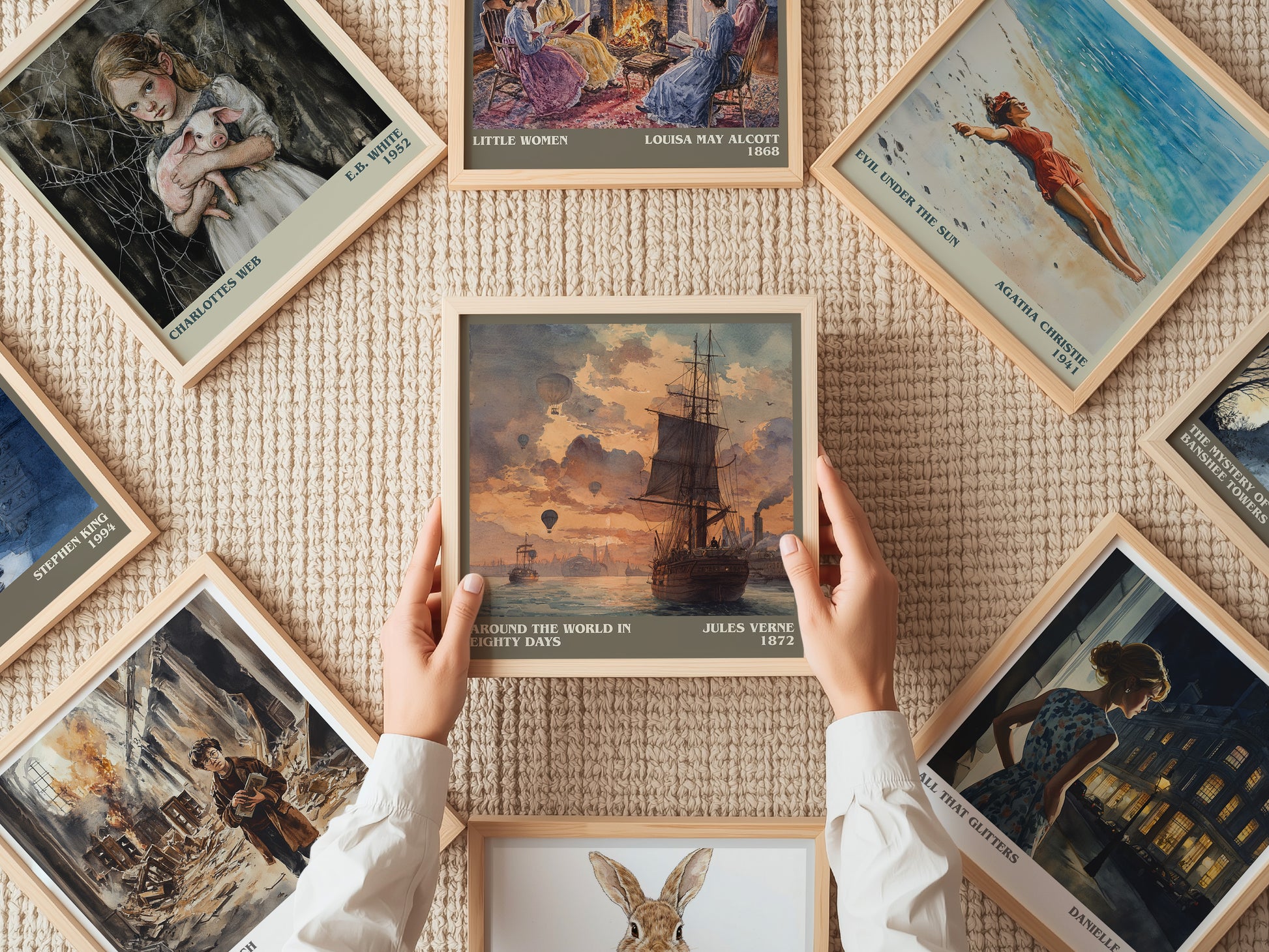 Around the World in Eighty Days literary print on bookshelf – Jules Verne fan gift