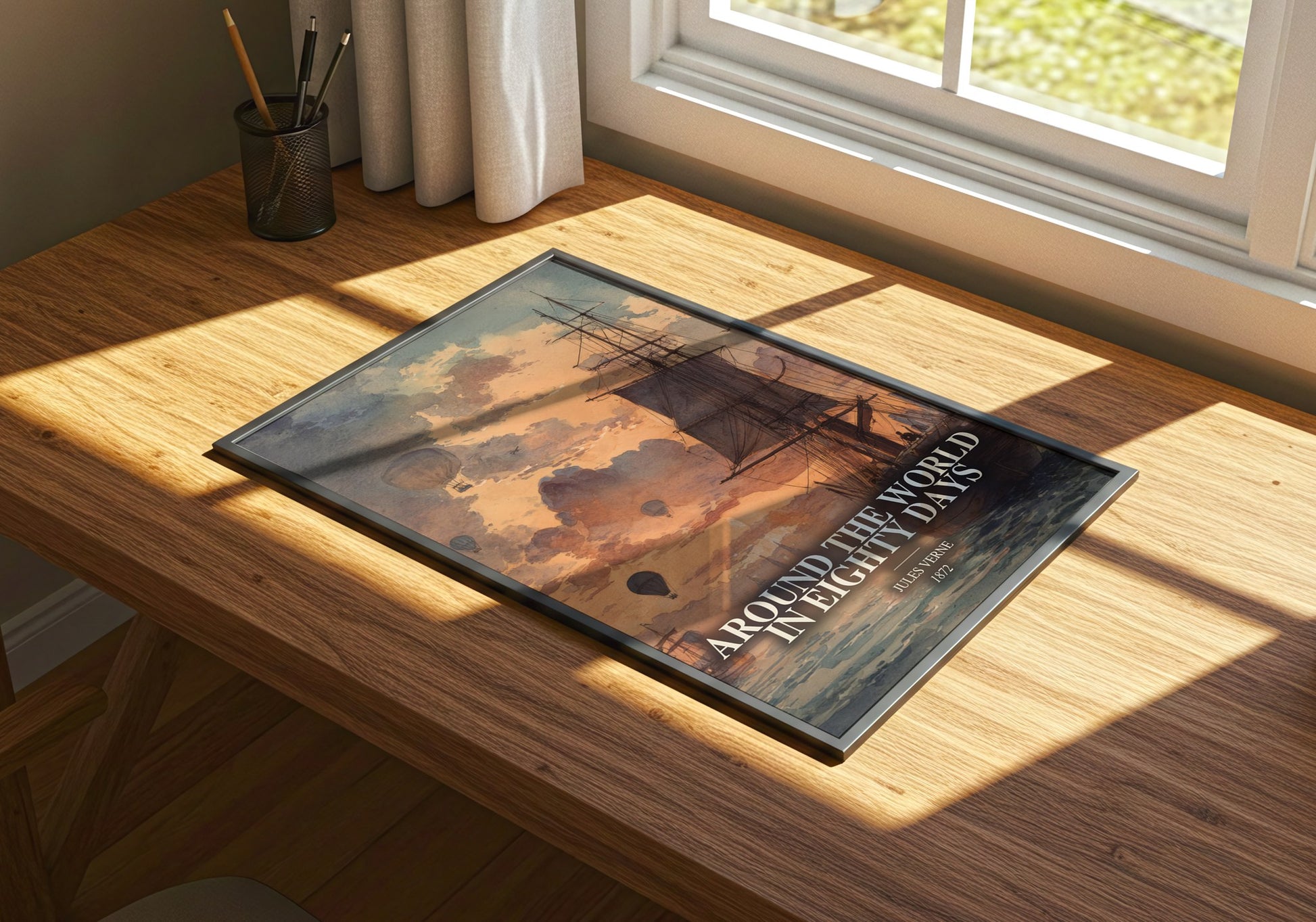 Around The World In Eighty Days watercolour book poster framed on wall – adventure wall art