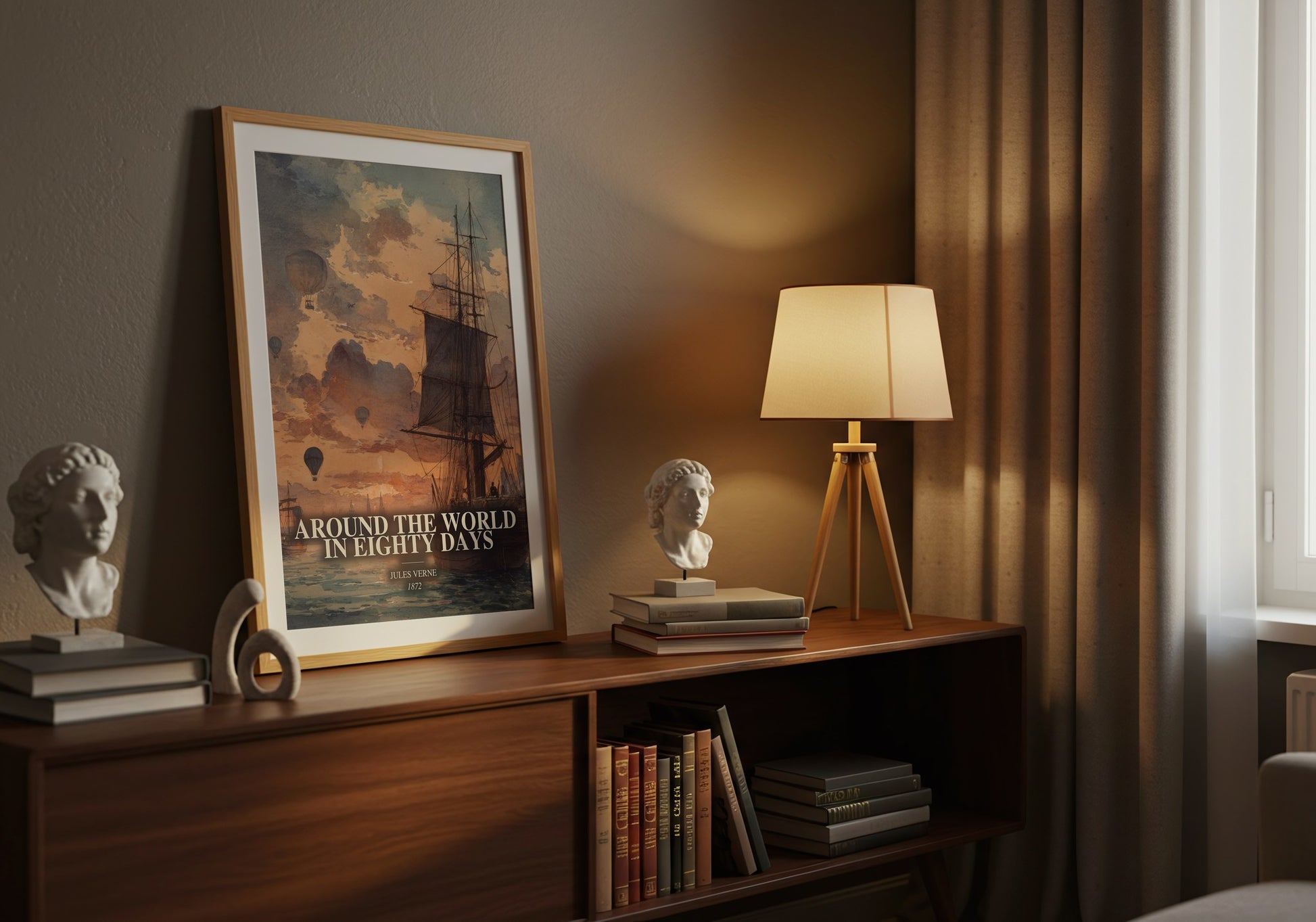 Around The World In Eighty Days watercolour print on bookshelf – Jules Verne fan gift
