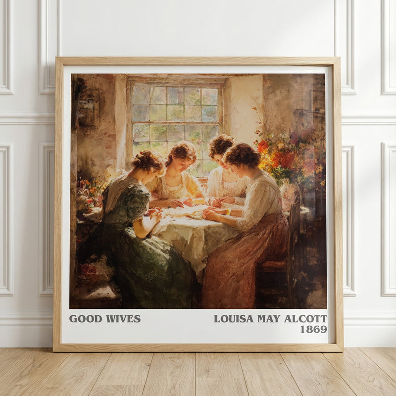 Good Wives literary print in frame leaning in hallway – adventure wall art