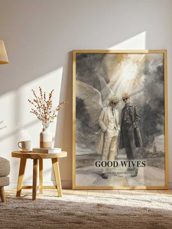 Good Wives watercolour print in frame leaning in hallway – classic literature wall art
