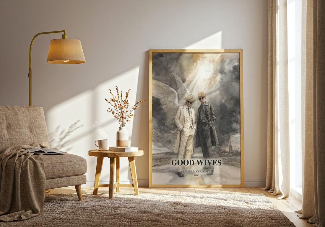 Good Wives watercolour print in frame leaning in hallway – classic literature wall art (mockup)