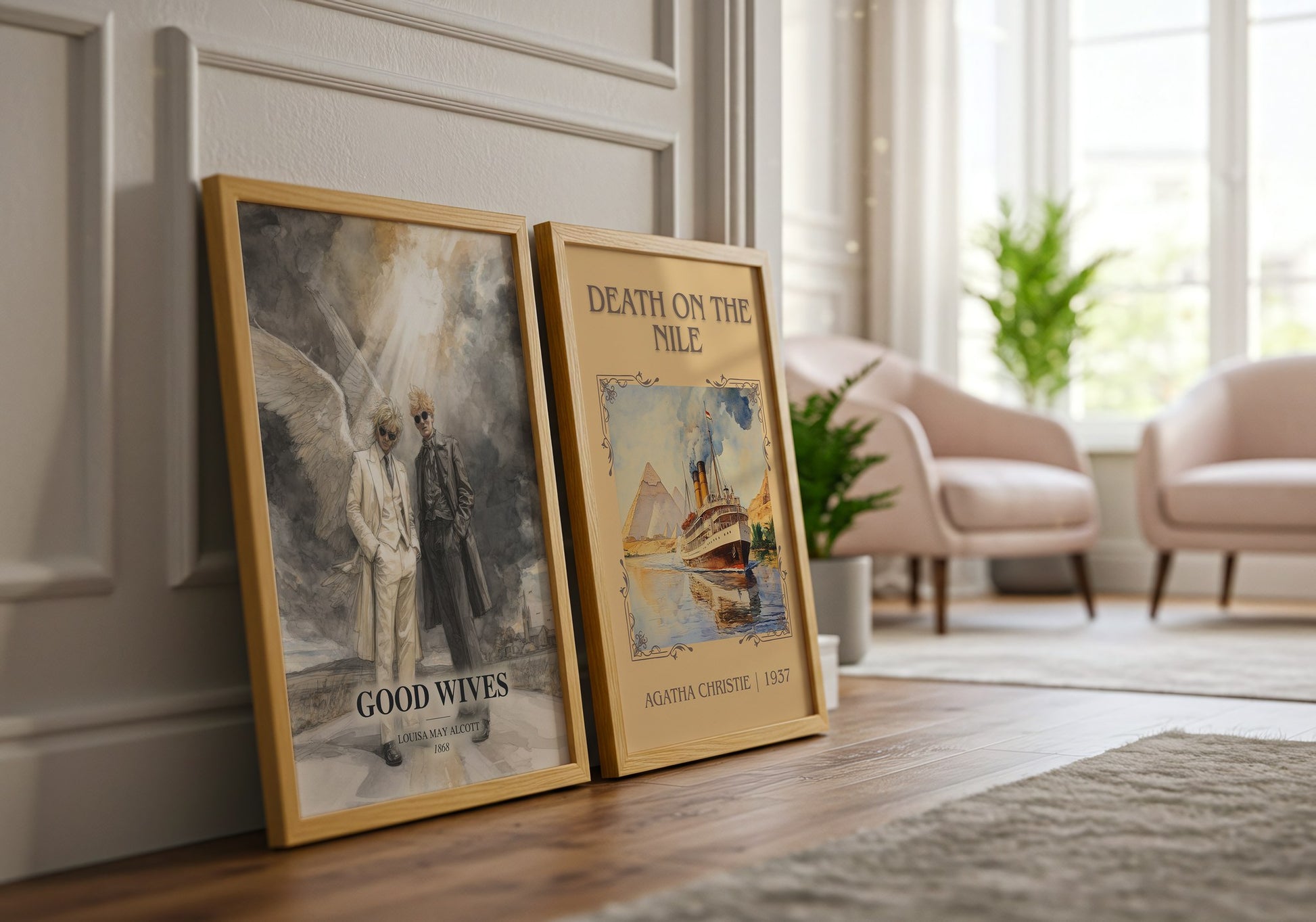 Good Wives watercolour print framed by window – literary home decor