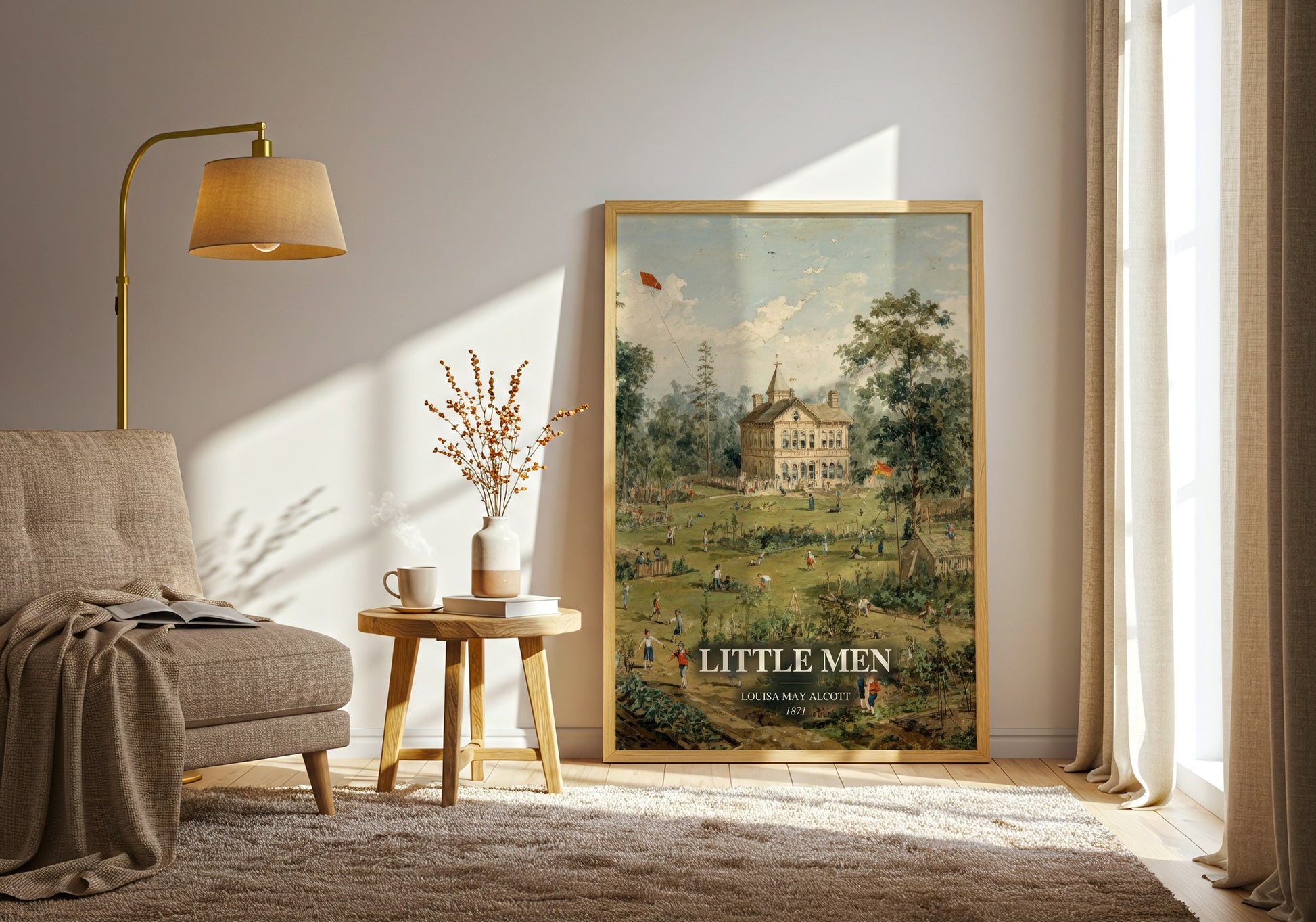 Little Men watercolour print in frame leaning in hallway – childrens wall art