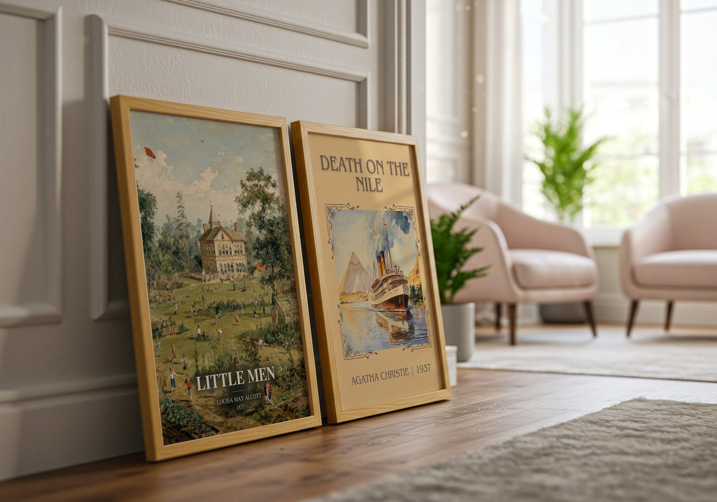 Little Men watercolour print framed by window – literary home decor
