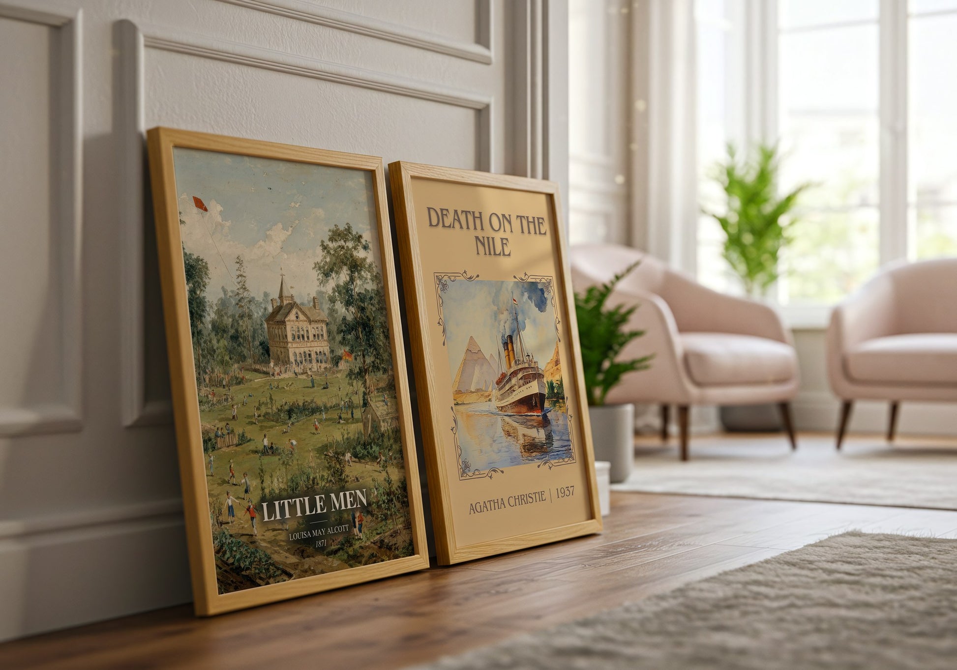 Little Men watercolour print framed by window – literary home decor