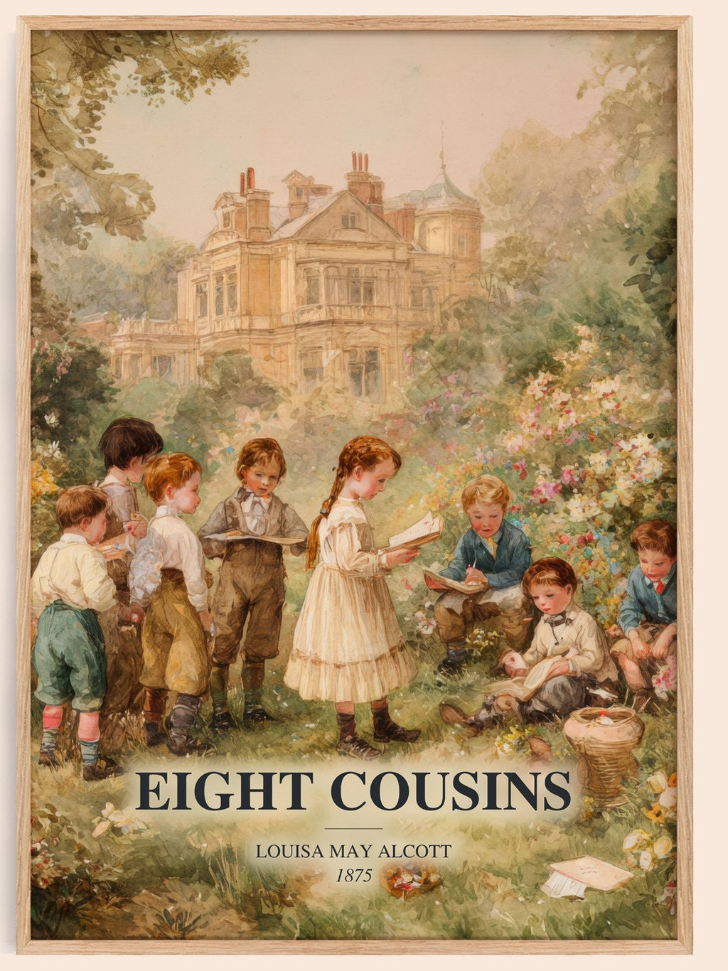 Eight Cousins watercolour book poster by Louisa May Alcott – framed literary art print