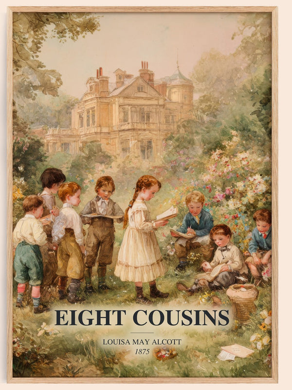 Eight Cousins watercolour book poster by Louisa May Alcott – framed literary art print