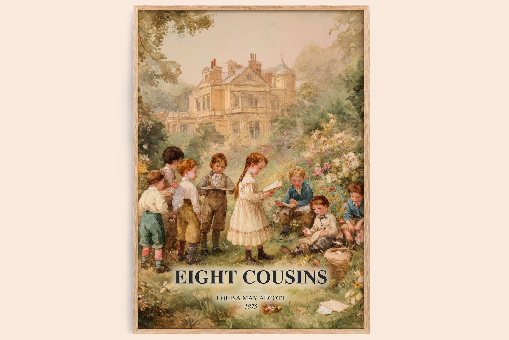 Eight Cousins watercolour book poster by Louisa May Alcott – framed literary art print